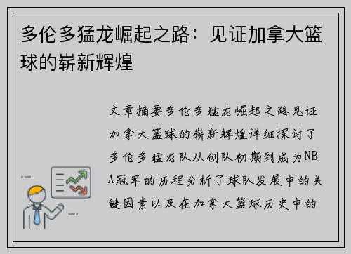 多伦多猛龙崛起之路：见证加拿大篮球的崭新辉煌