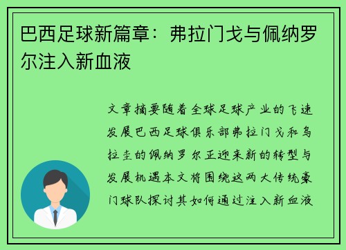 巴西足球新篇章：弗拉门戈与佩纳罗尔注入新血液