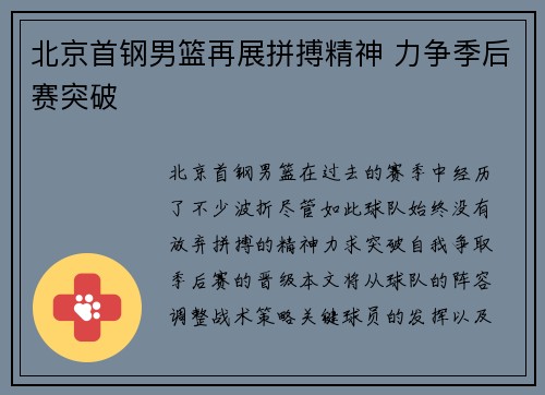 北京首钢男篮再展拼搏精神 力争季后赛突破