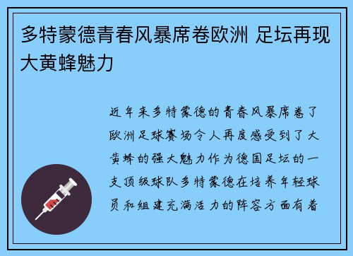 多特蒙德青春风暴席卷欧洲 足坛再现大黄蜂魅力
