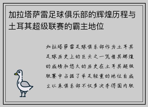 加拉塔萨雷足球俱乐部的辉煌历程与土耳其超级联赛的霸主地位
