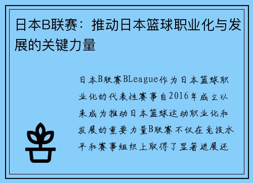 日本B联赛：推动日本篮球职业化与发展的关键力量