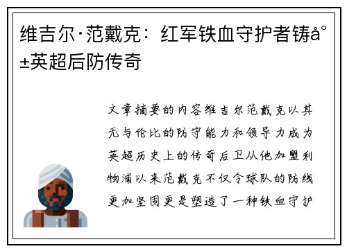 维吉尔·范戴克：红军铁血守护者铸就英超后防传奇